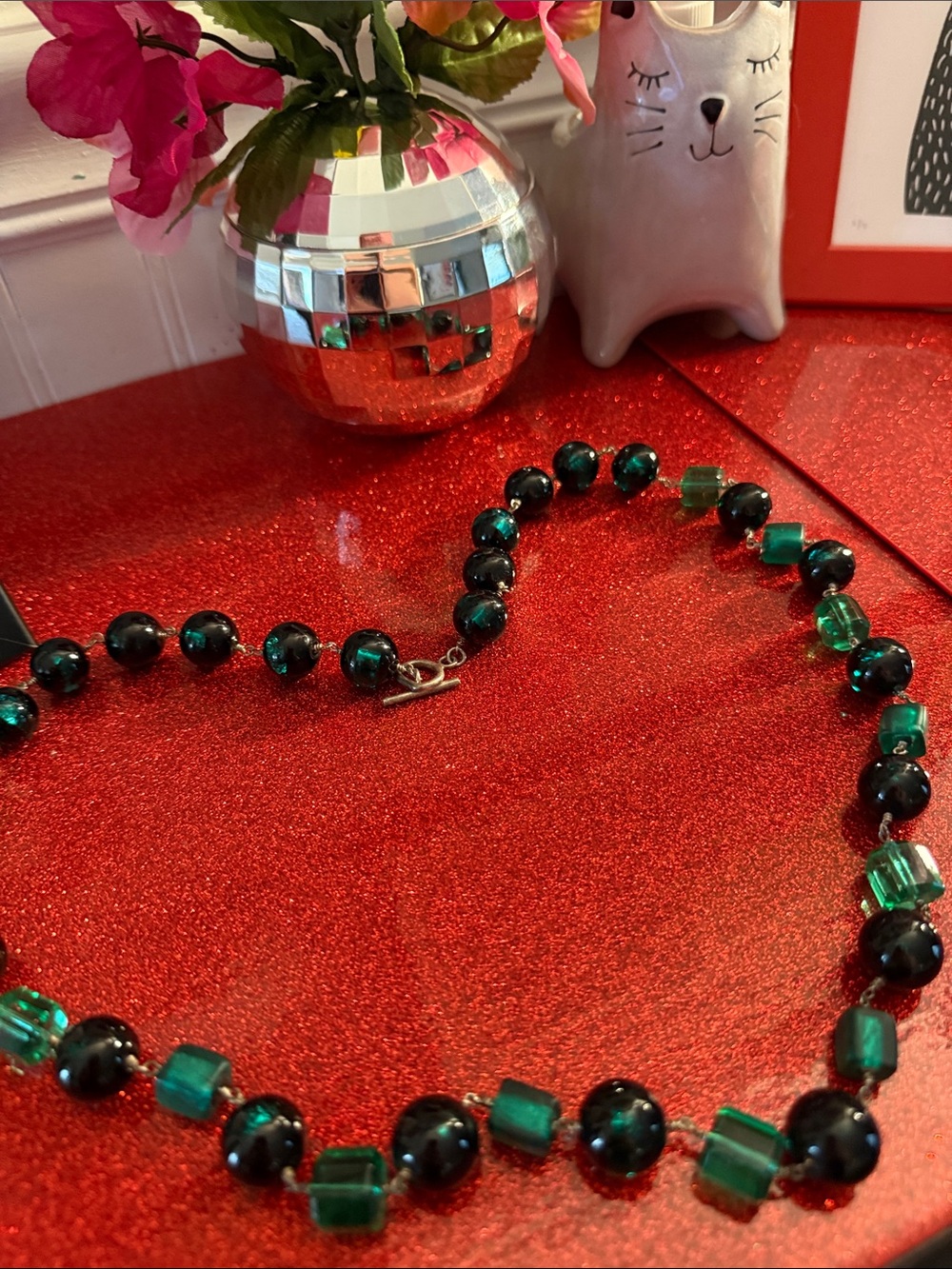 Emerald Green & Black Czech Glass Inspired Bead Necklace